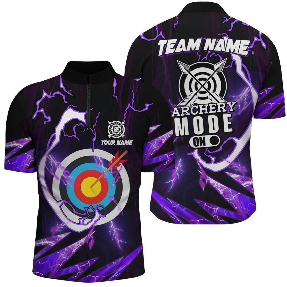 Custom Purple Thunder Archery Mode On Men Quarter-Zip Shirts, Archery Jerseys Team Shirts, Archery Team Shirts, Custom Archery Shirts