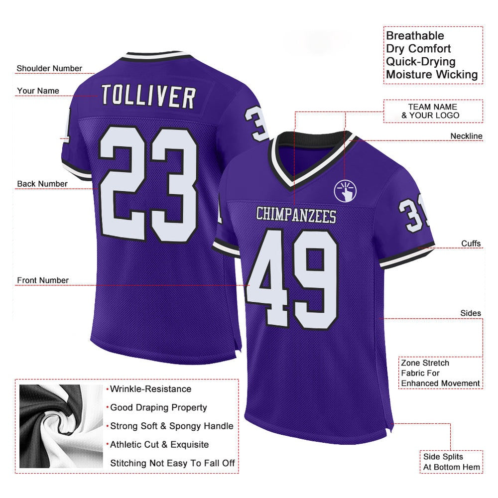Custom Purple White Black Mesh Authentic Throwback Football Jersey, Team Jerseys Football, Custom Football Jersey