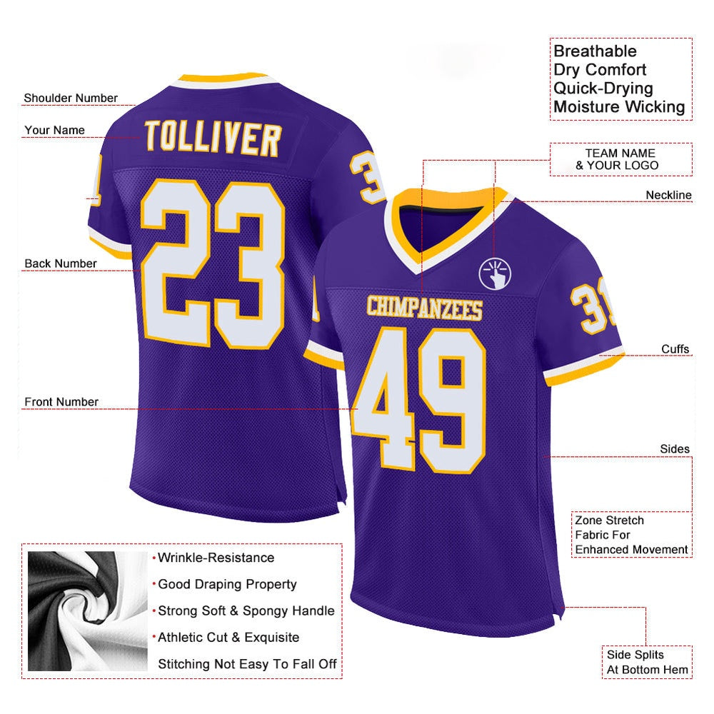 Custom Purple White Gold Mesh Authentic Throwback Football Jersey, Team Jerseys Football, Custom Football Jersey