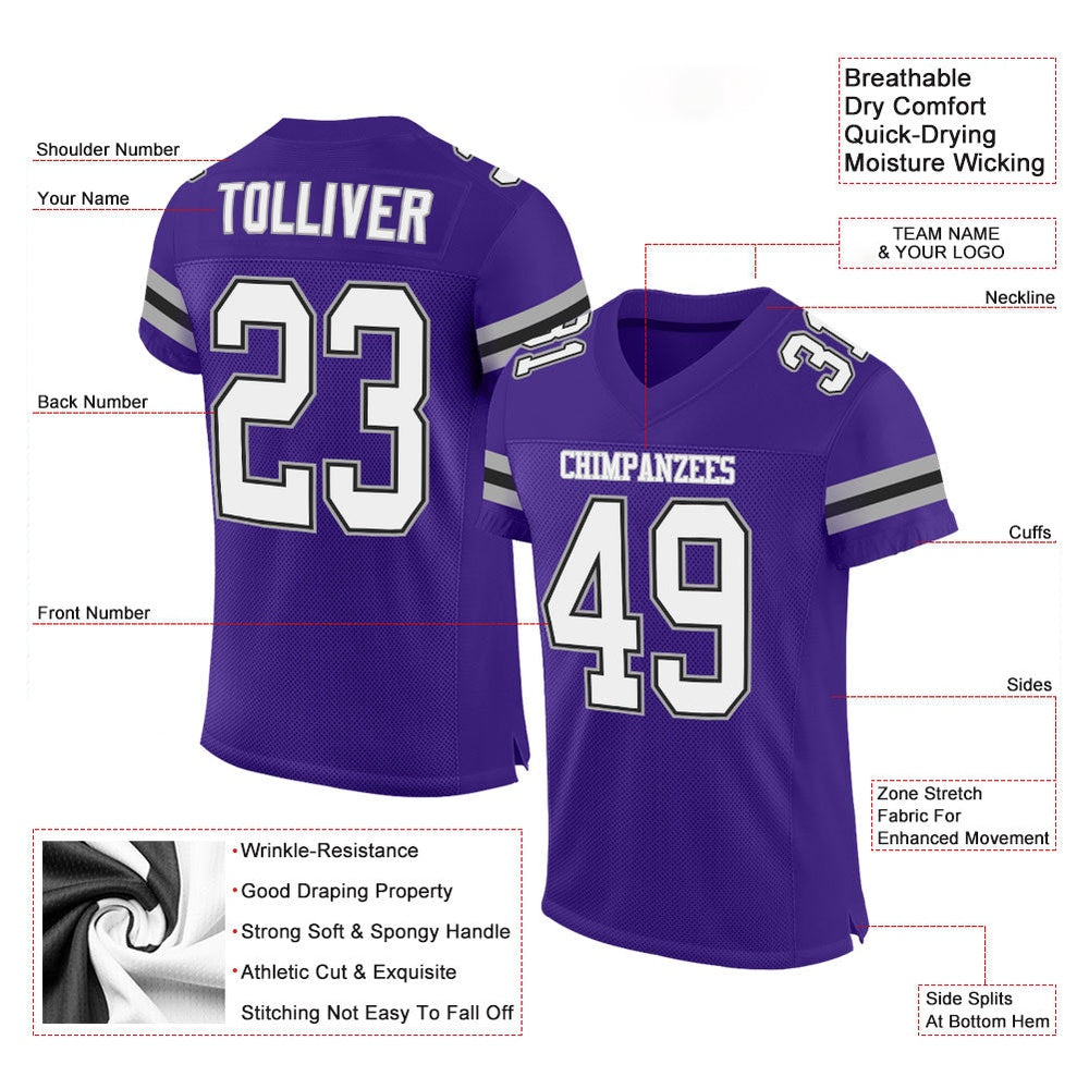 Custom Purple White Gray Mesh Authentic Football Jersey, Team Jerseys Football, Custom Football Jersey