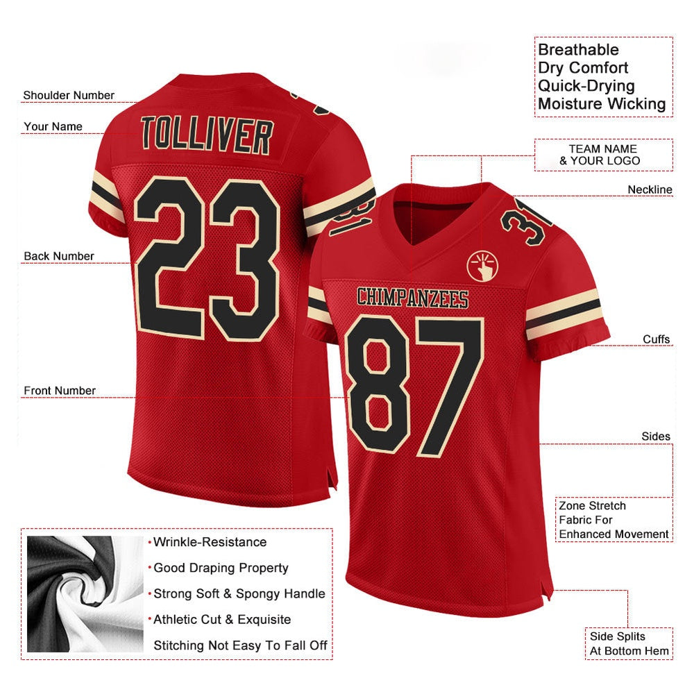 Custom Red Black Cream Mesh Authentic Football Jersey, Team Jerseys Football, Custom Football Jersey