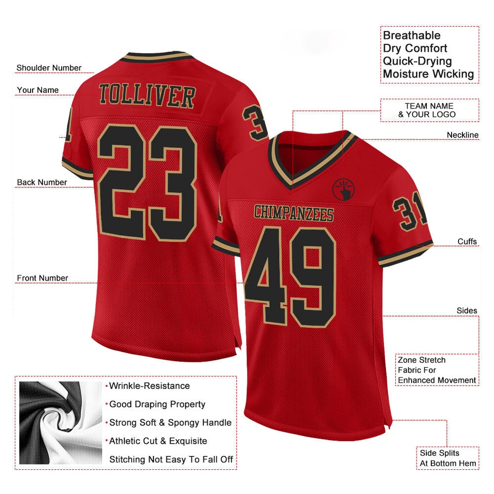 Custom Red Black Old Gold Mesh Authentic Throwback Football Jersey, Team Jerseys Football, Custom Football Jersey