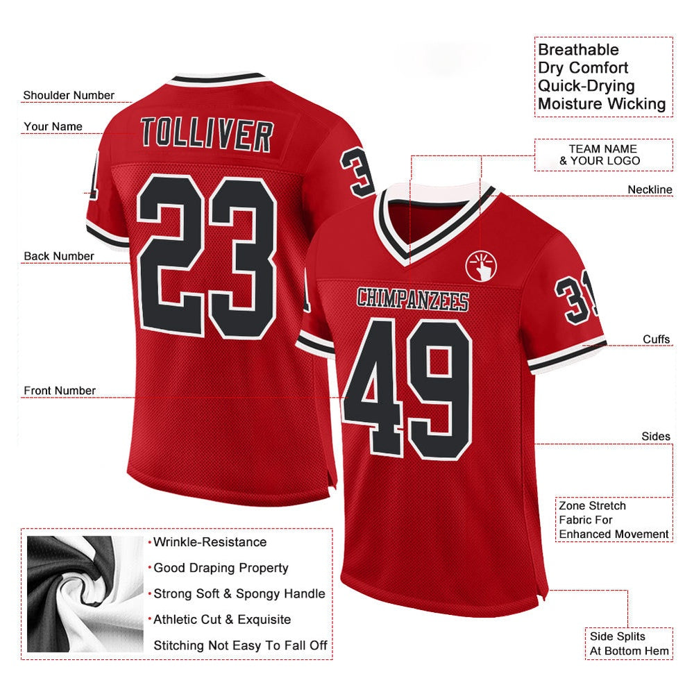 Custom Red Black White Mesh Authentic Throwback Football Jersey, Team Jerseys Football, Custom Football Jersey