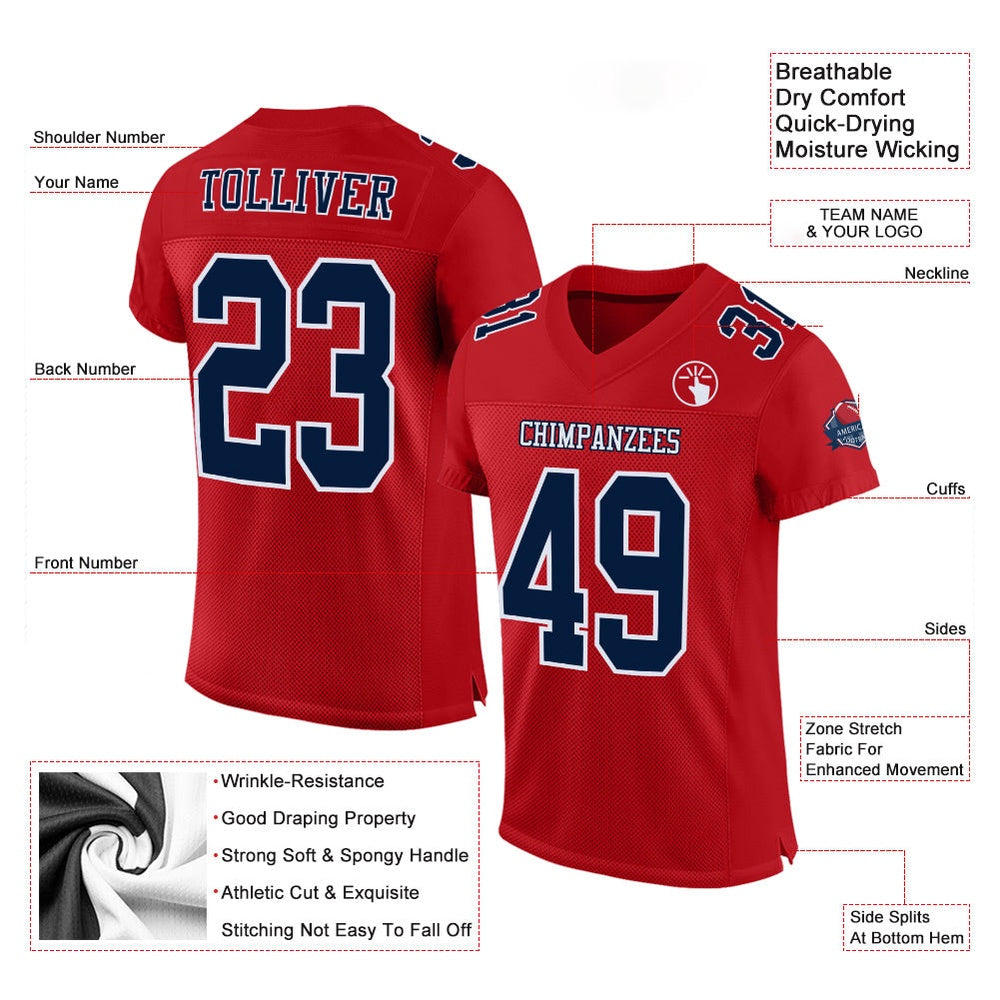Custom Red Navy White Mesh Authentic Football Jersey, Team Jerseys Football, Custom Football Jersey