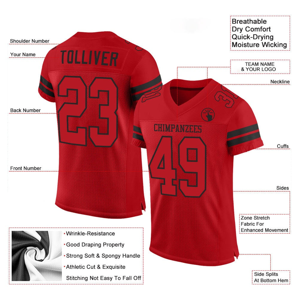 Custom Red Red Black Mesh Authentic Football Jersey, Team Jerseys Football, Custom Football Jersey