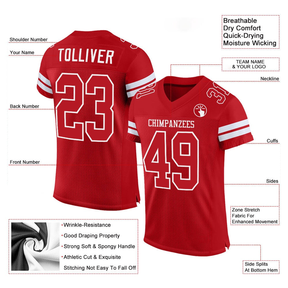 Custom Red Red White Mesh Authentic Football Jersey, Team Jerseys Football, Custom Football Jersey