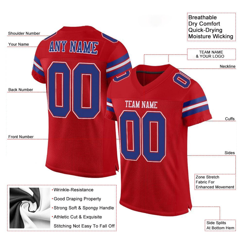 Custom Red Royal White Mesh Authentic Football Jersey, Team Jerseys Football, Custom Football Jersey