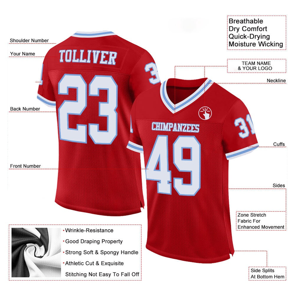 Custom Red White Light Blue Mesh Authentic Throwback Football Jersey, Team Jerseys Football, Custom Football Jersey