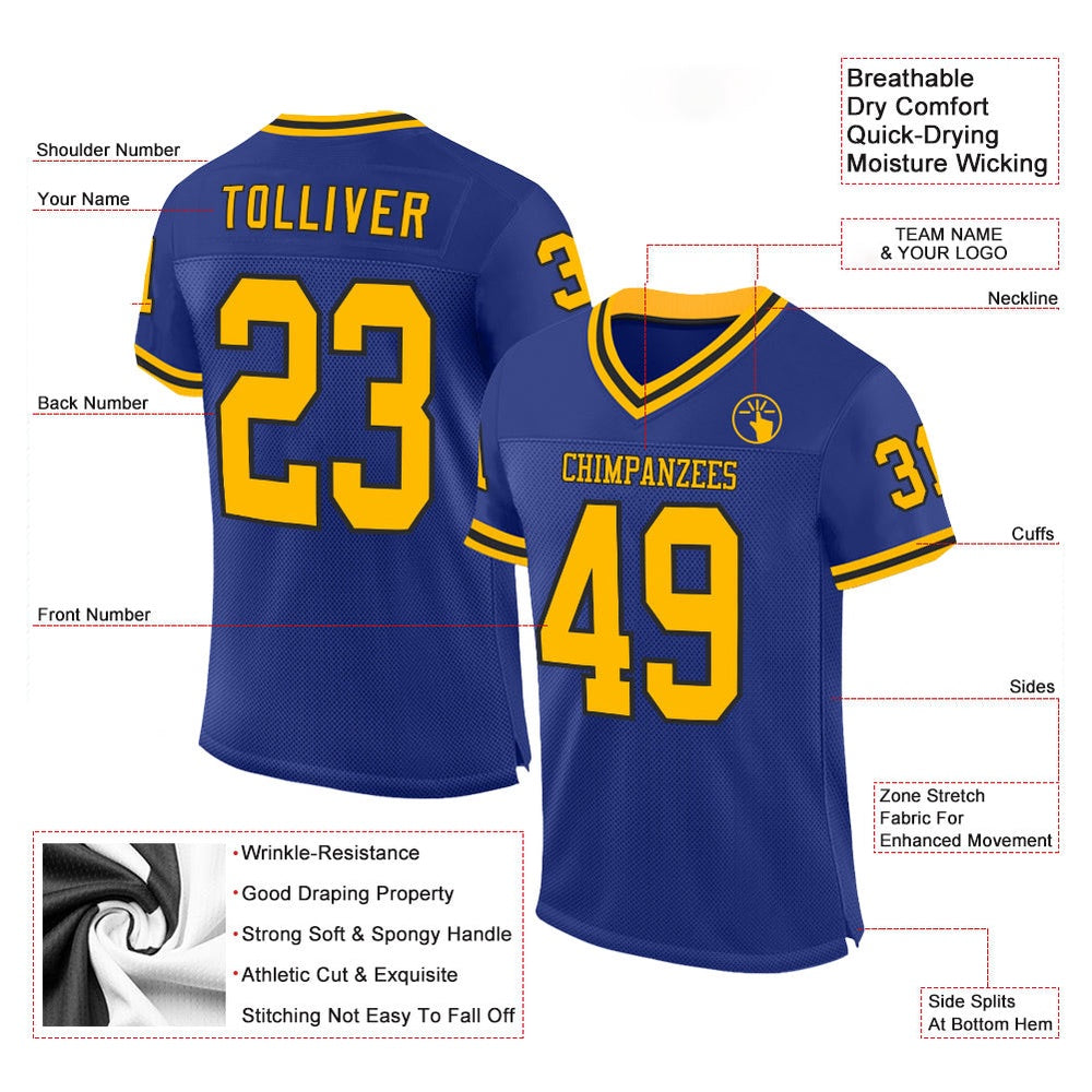 Custom Royal Gold Black Mesh Authentic Throwback Football Jersey, Team Jerseys Football, Custom Football Jersey