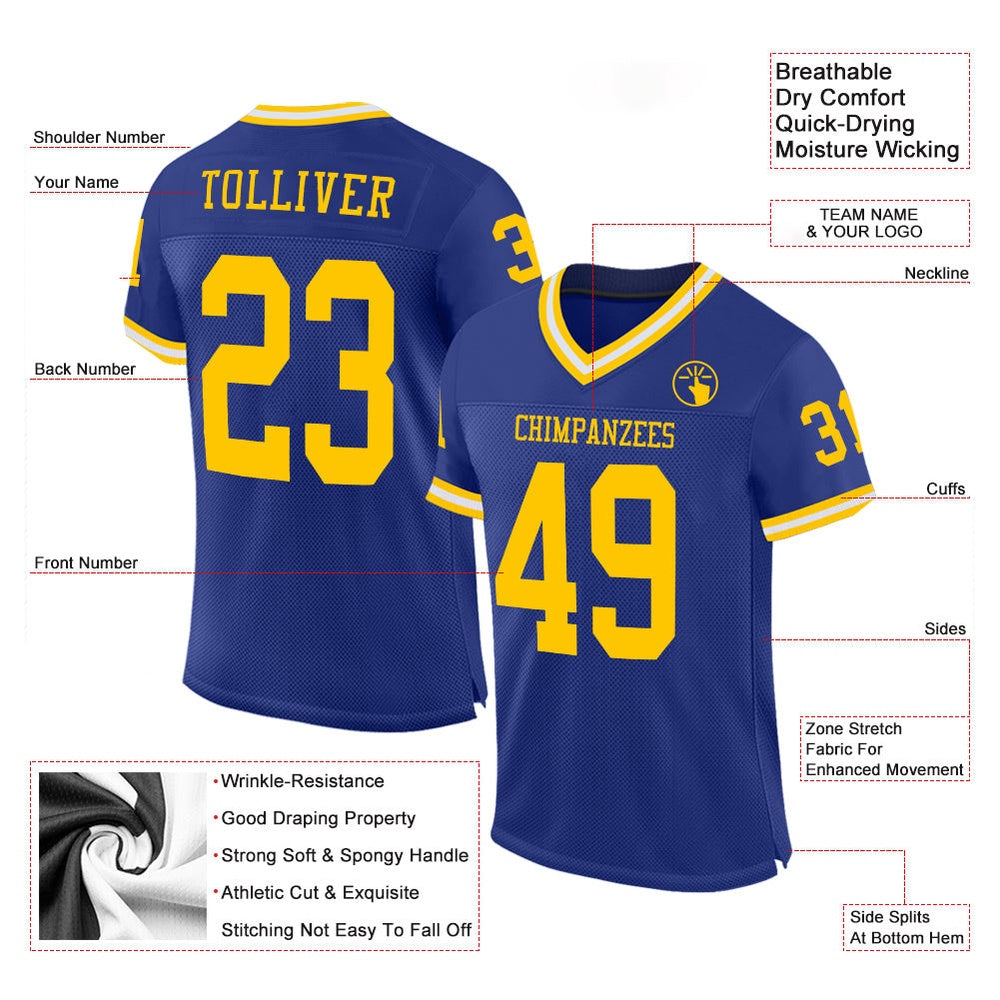 Custom Royal Gold White Mesh Authentic Throwback Football Jersey, Team Jerseys Football, Custom Football Jersey