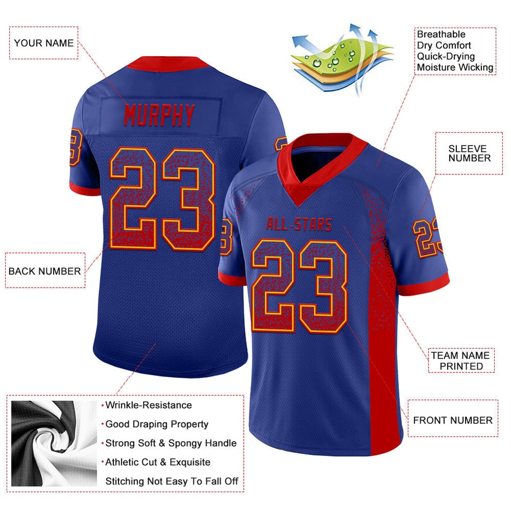 Custom Royal Red Gold Mesh Drift Fashion Football Jersey, Team Jerseys Football, Custom Football Jersey