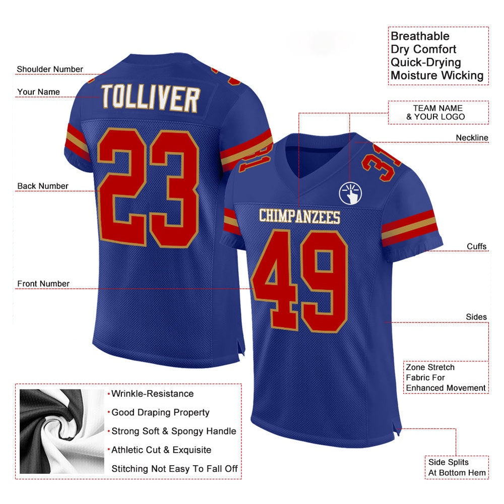 Custom Royal Red Old Gold Mesh Authentic Football Jersey, Team Jerseys Football, Custom Football Jersey