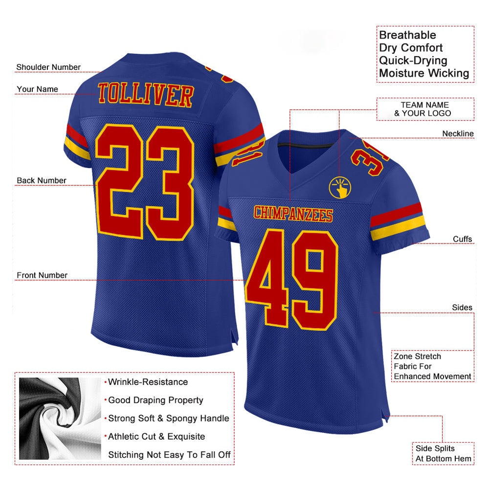 Custom Royal Red Yellow Mesh Authentic Football Jersey, Team Jerseys Football, Custom Football Jersey