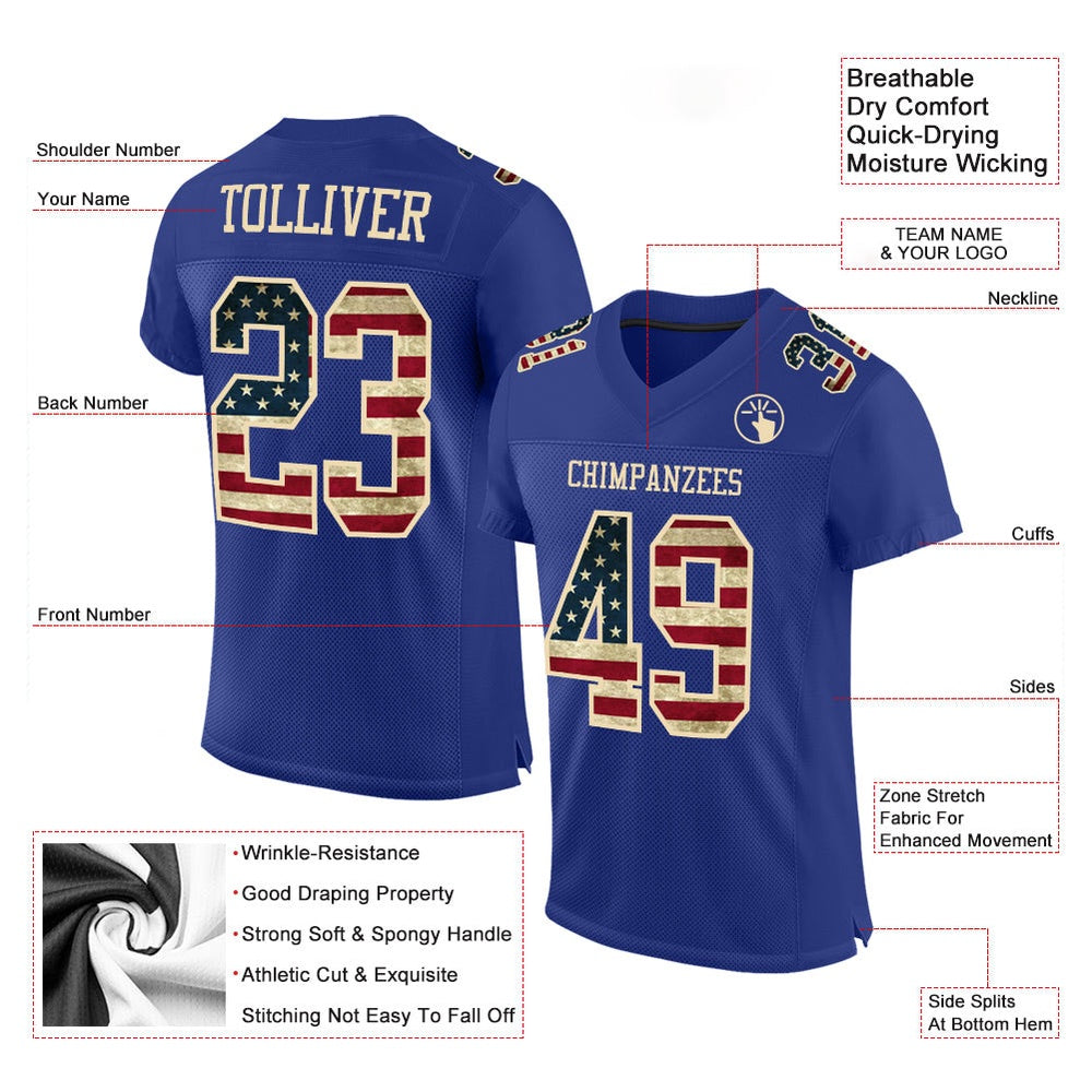 Custom Royal Vintage USA Flag City Cream Mesh Authentic Football Jersey, Team Jerseys Football, Custom Football Jersey