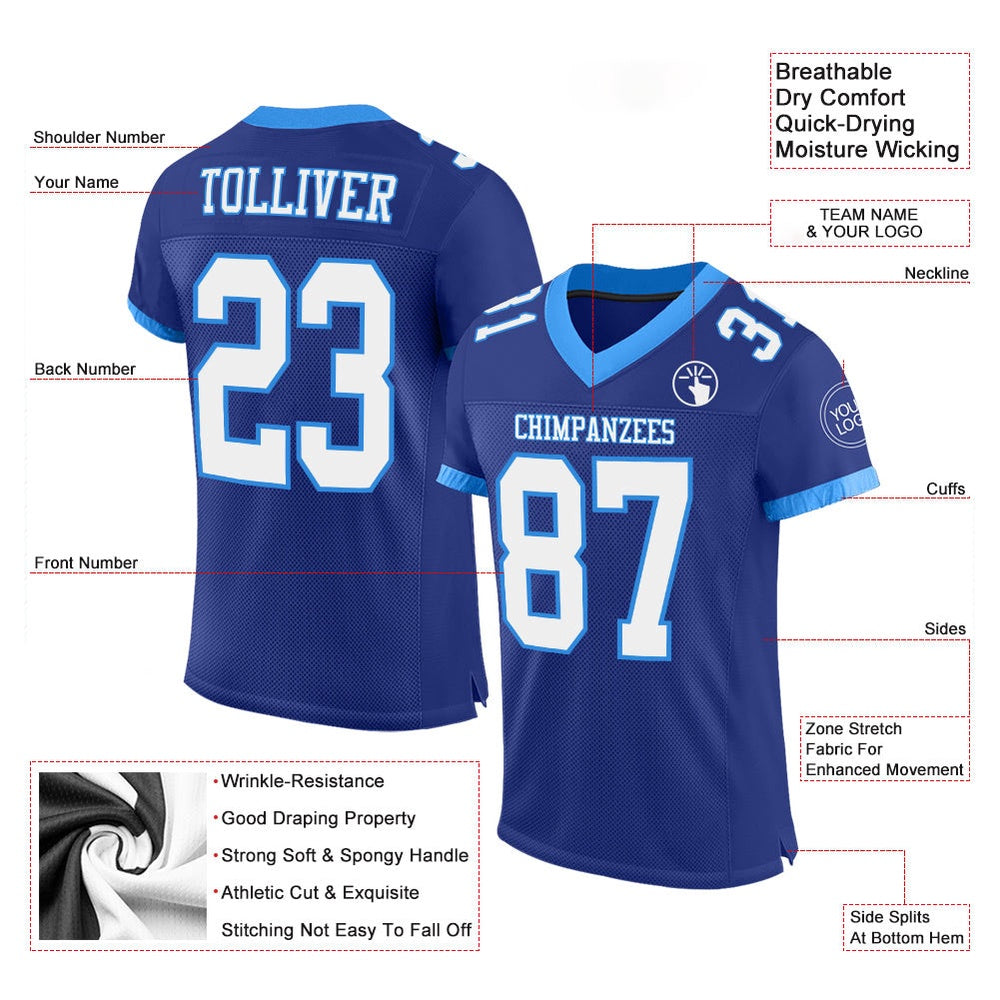 Custom Royal White Electric Blue Mesh Authentic Football Jersey, Team Jerseys Football, Custom Football Jersey