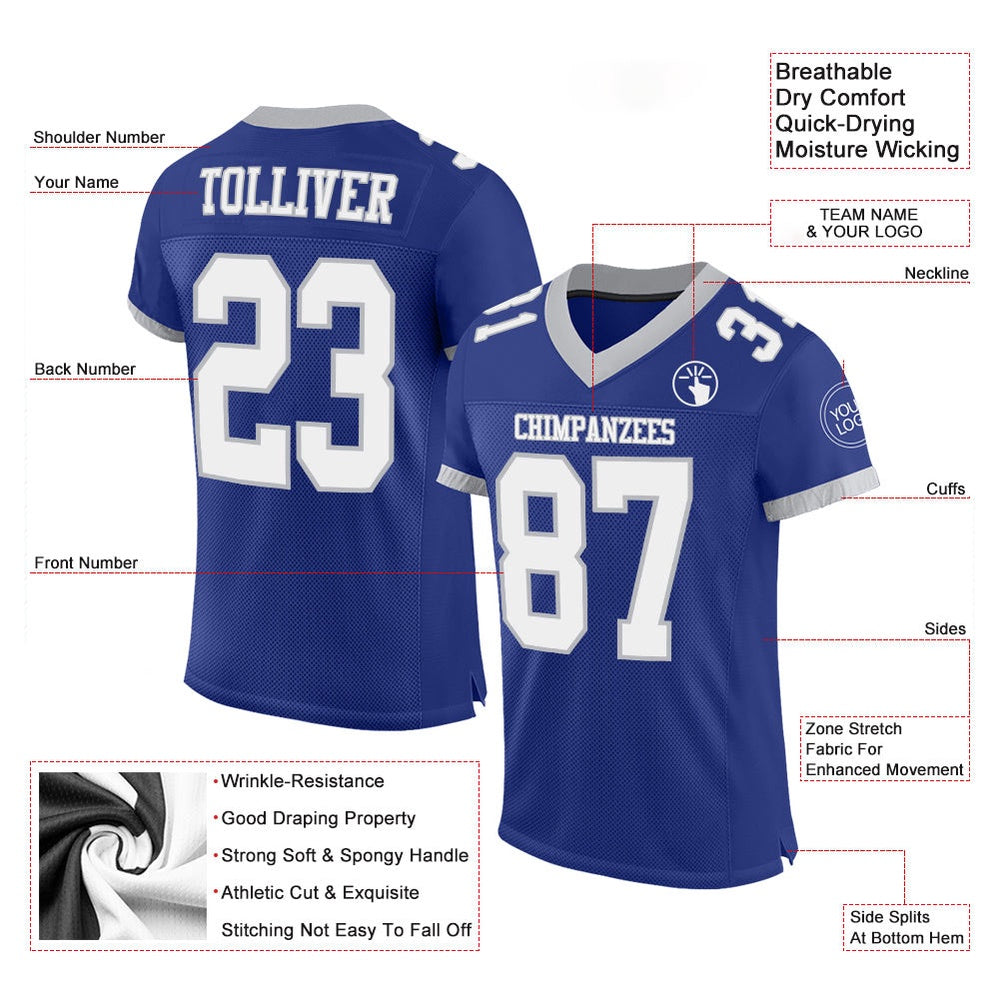 Custom Royal White Gray Mesh Authentic Football Jersey, Team Jerseys Football, Custom Football Jersey