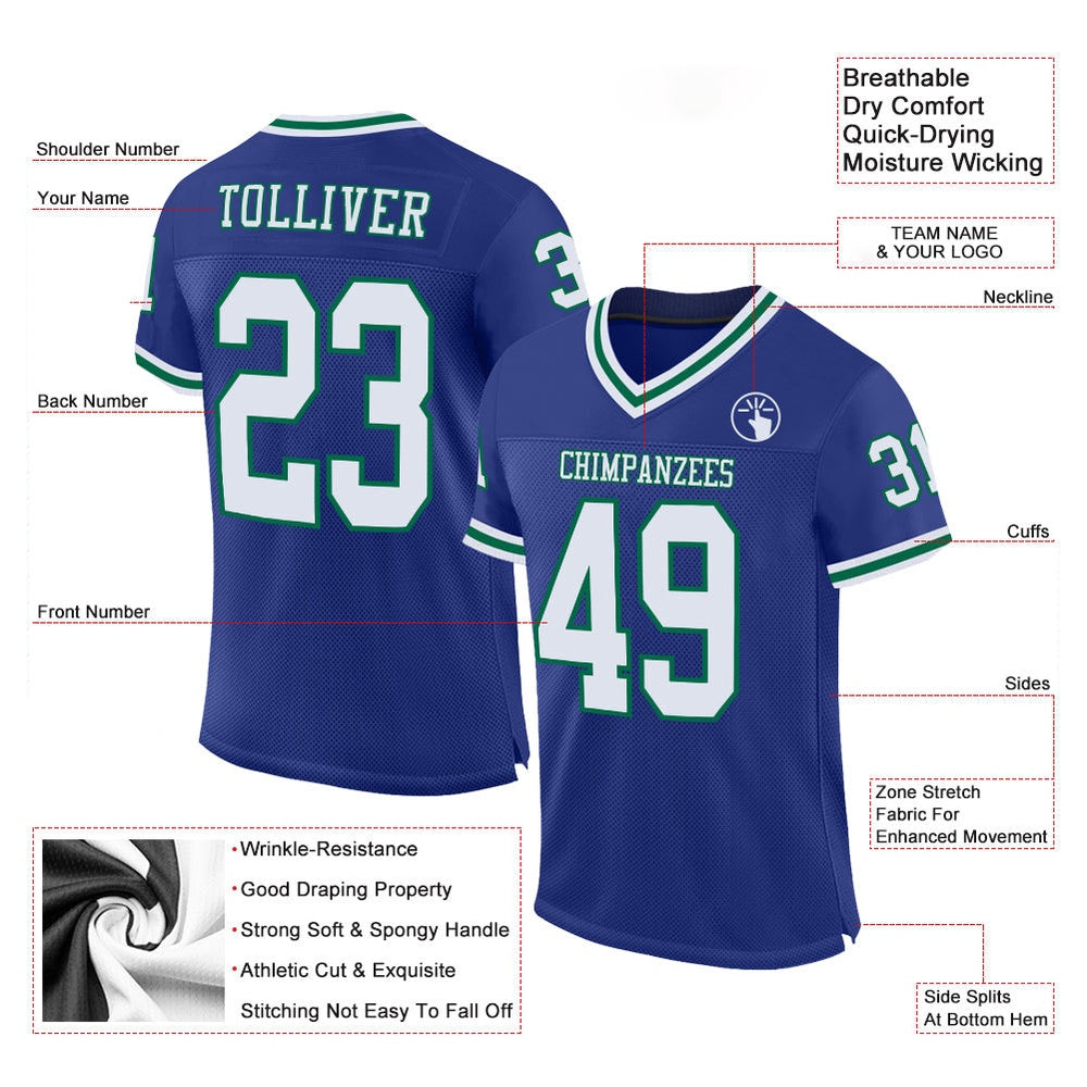 Custom Royal White Kelly Green Mesh Authentic Throwback Football Jersey, Team Jerseys Football, Custom Football Jersey
