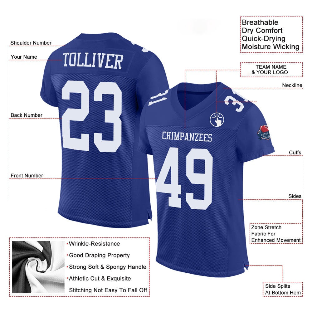 Custom Royal White Mesh Authentic Football Jersey, Team Jerseys Football, Custom Football Jersey