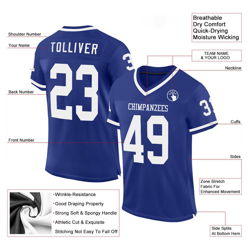 Custom Royal White Mesh Authentic Throwback Football Jersey, Team Jerseys Football, Custom Football Jersey