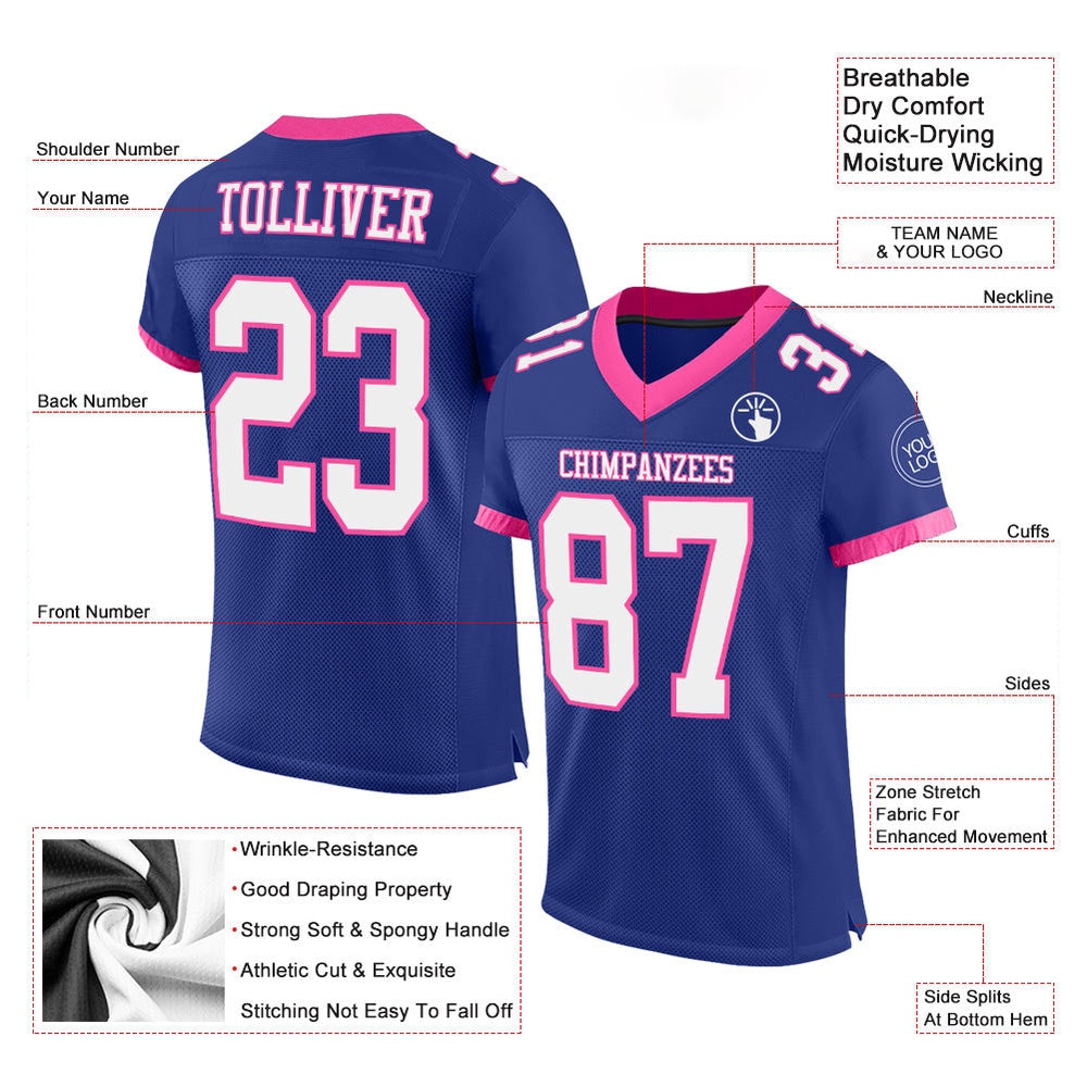 Custom Royal White Pink Mesh Authentic Football Jersey, Team Jerseys Football, Custom Football Jersey