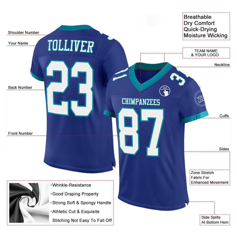 Custom Royal White Teal Mesh Authentic Football Jersey, Team Jerseys Football, Custom Football Jersey