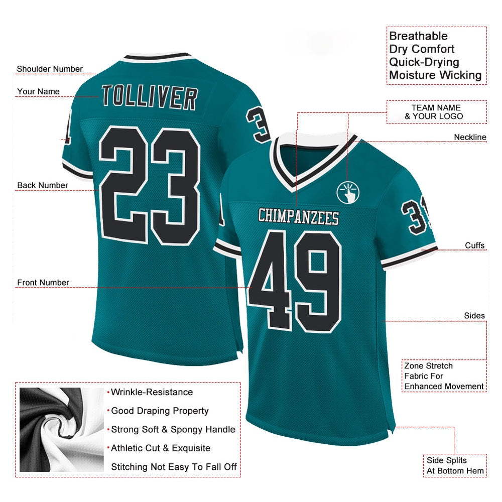 Custom Teal Black White Mesh Authentic Throwback Football Jersey, Team Jerseys Football, Custom Football Jersey