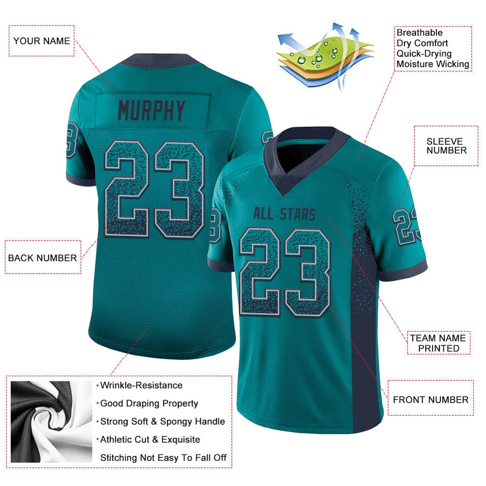 Custom Teal Navy Gray Mesh Drift Fashion Football Jersey, Team Jerseys Football, Custom Football Jersey