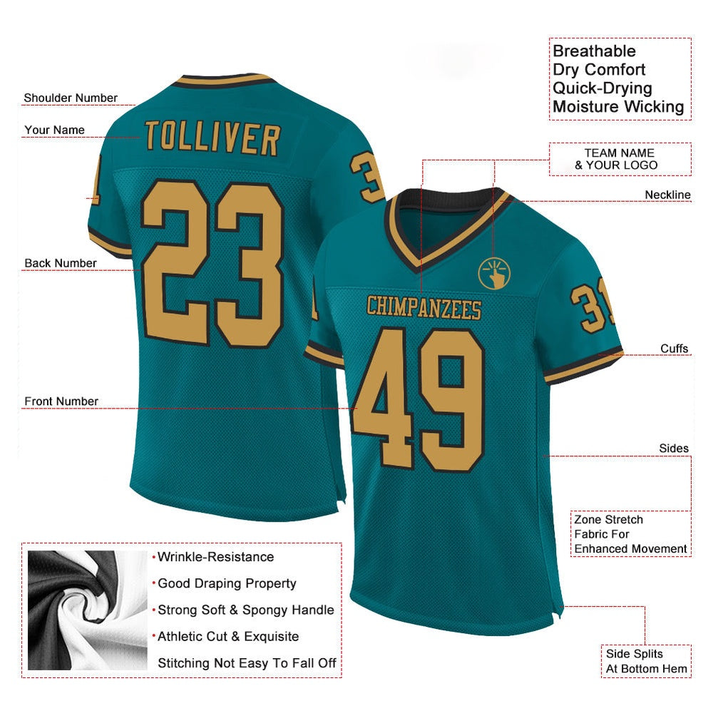 Custom Teal Old Gold Black Mesh Authentic Throwback Football Jersey, Team Jerseys Football, Custom Football Jersey