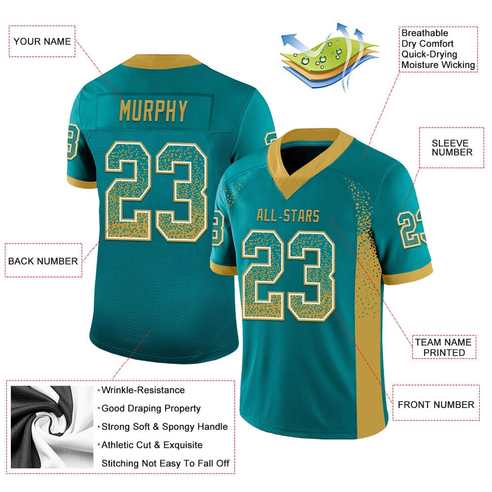 Custom Teal Old Gold White Mesh Drift Fashion Football Jersey, Team Jerseys Football, Custom Football Jersey
