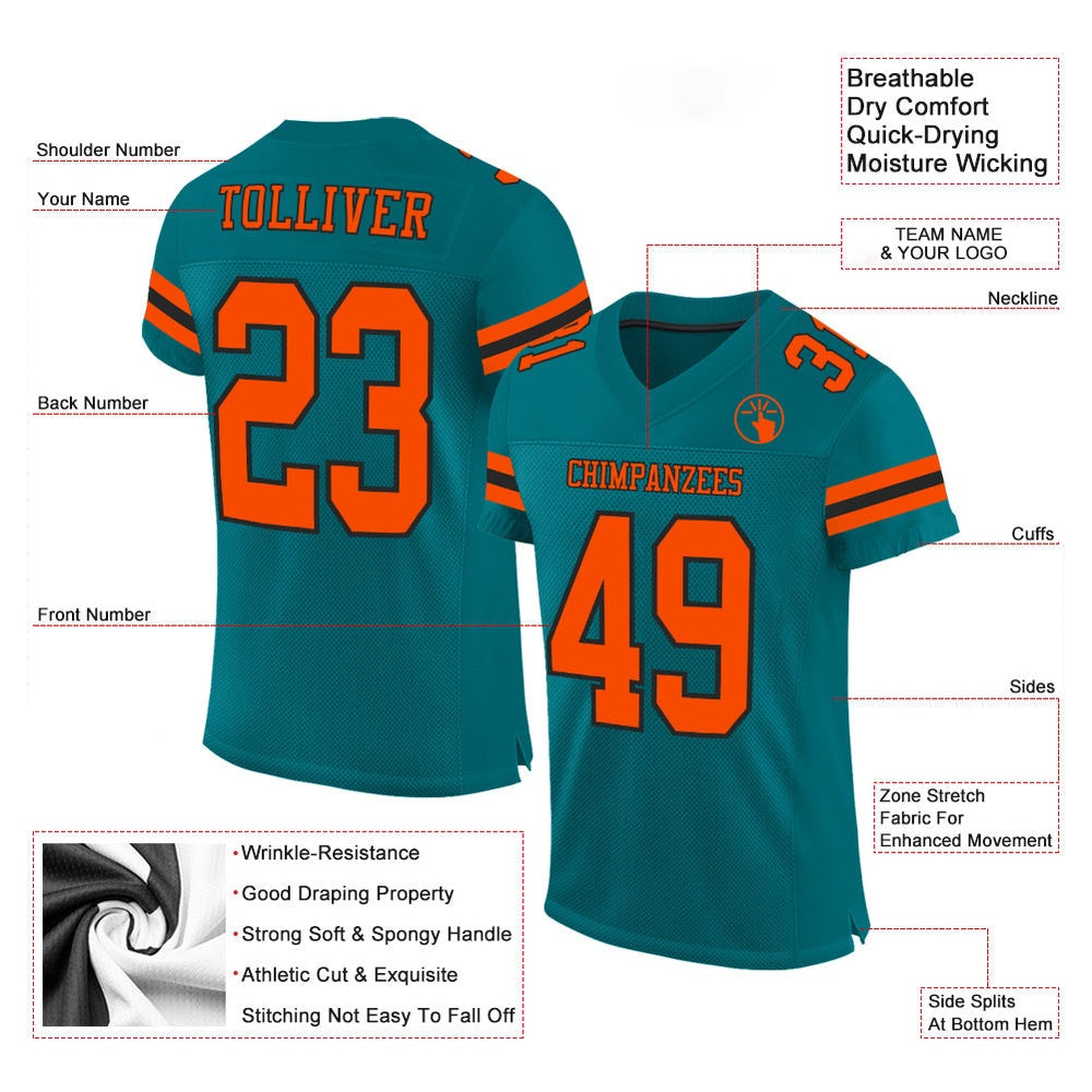 Custom Teal Orange Black Mesh Authentic Football Jersey, Team Jerseys Football, Custom Football Jersey