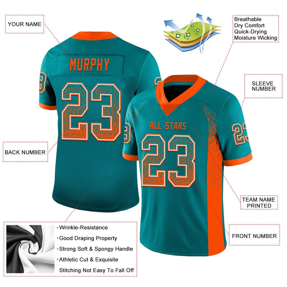 Custom Teal Orange White Mesh Drift Fashion Football Jersey, Team Jerseys Football, Custom Football Jersey