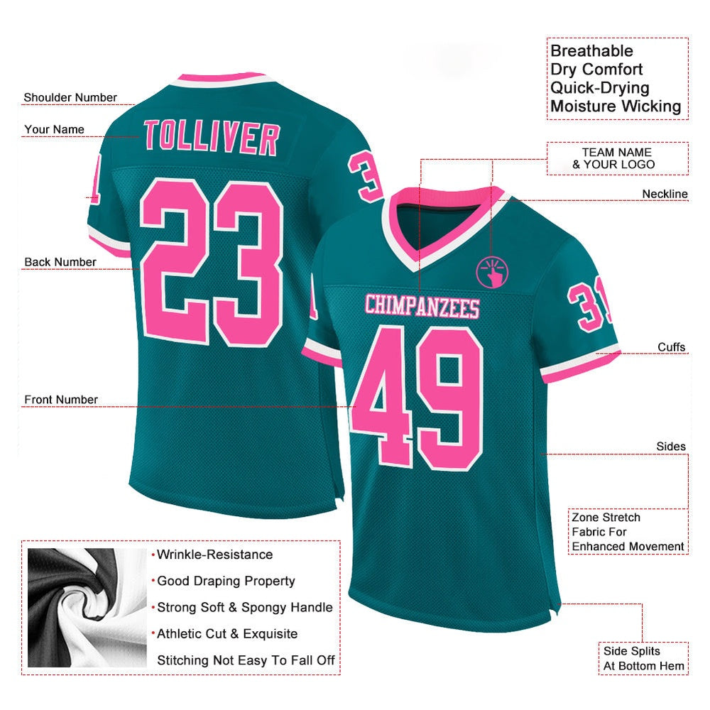 Custom Teal Pink White Mesh Authentic Throwback Football Jersey, Team Jerseys Football, Custom Football Jersey