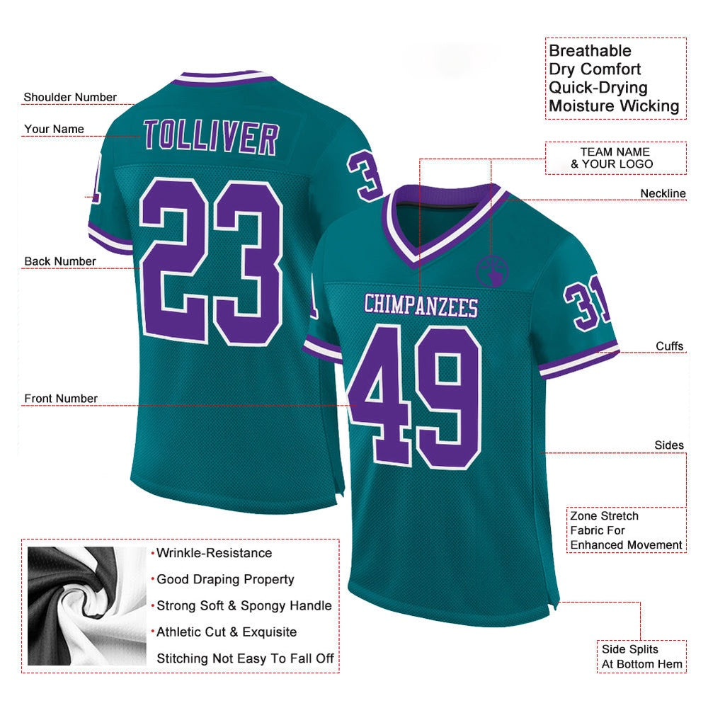 Custom Teal Purple White Mesh Authentic Throwback Football Jersey, Team Jerseys Football, Custom Football Jersey