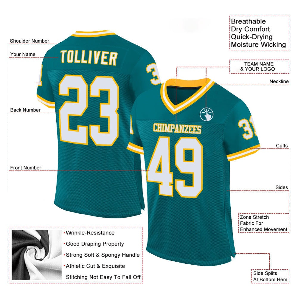 Custom Teal White Gold Mesh Authentic Throwback Football Jersey, Team Jerseys Football, Custom Football Jersey