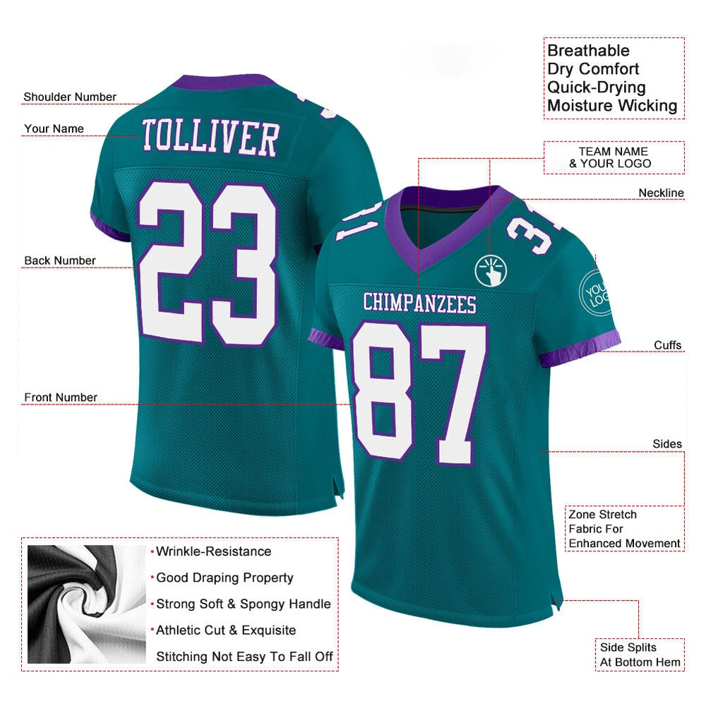Custom Teal White Purple Mesh Authentic Football Jersey, Team Jerseys Football, Custom Football Jersey