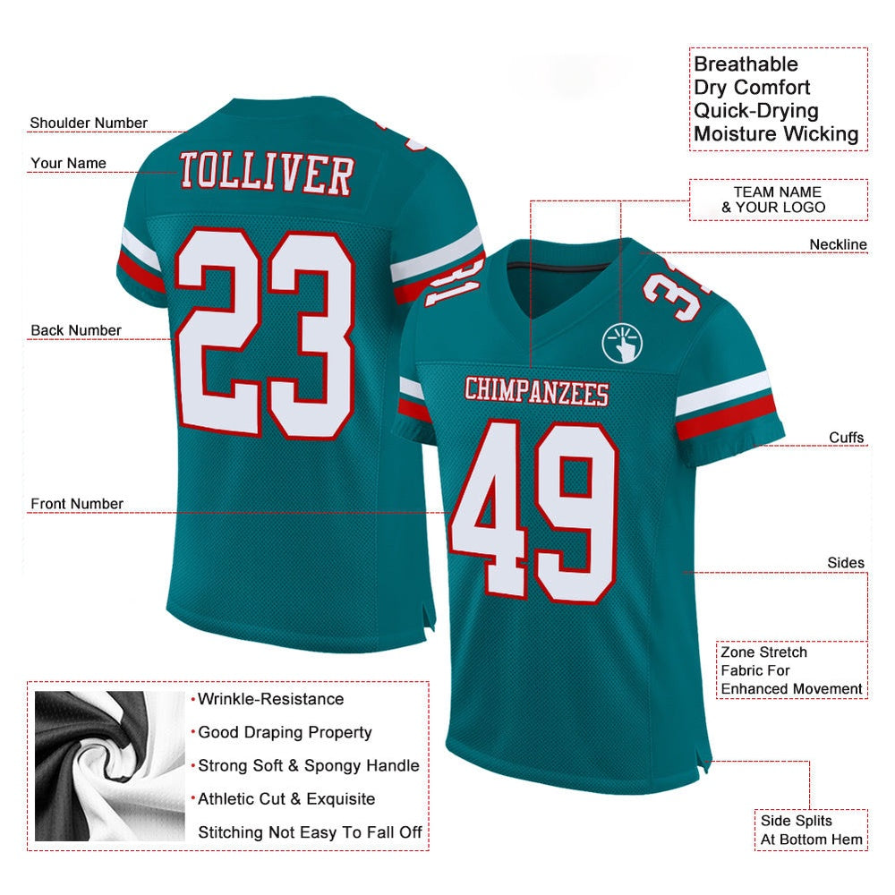 Custom Teal White Red Mesh Authentic Football Jersey, Team Jerseys Football, Custom Football Jersey
