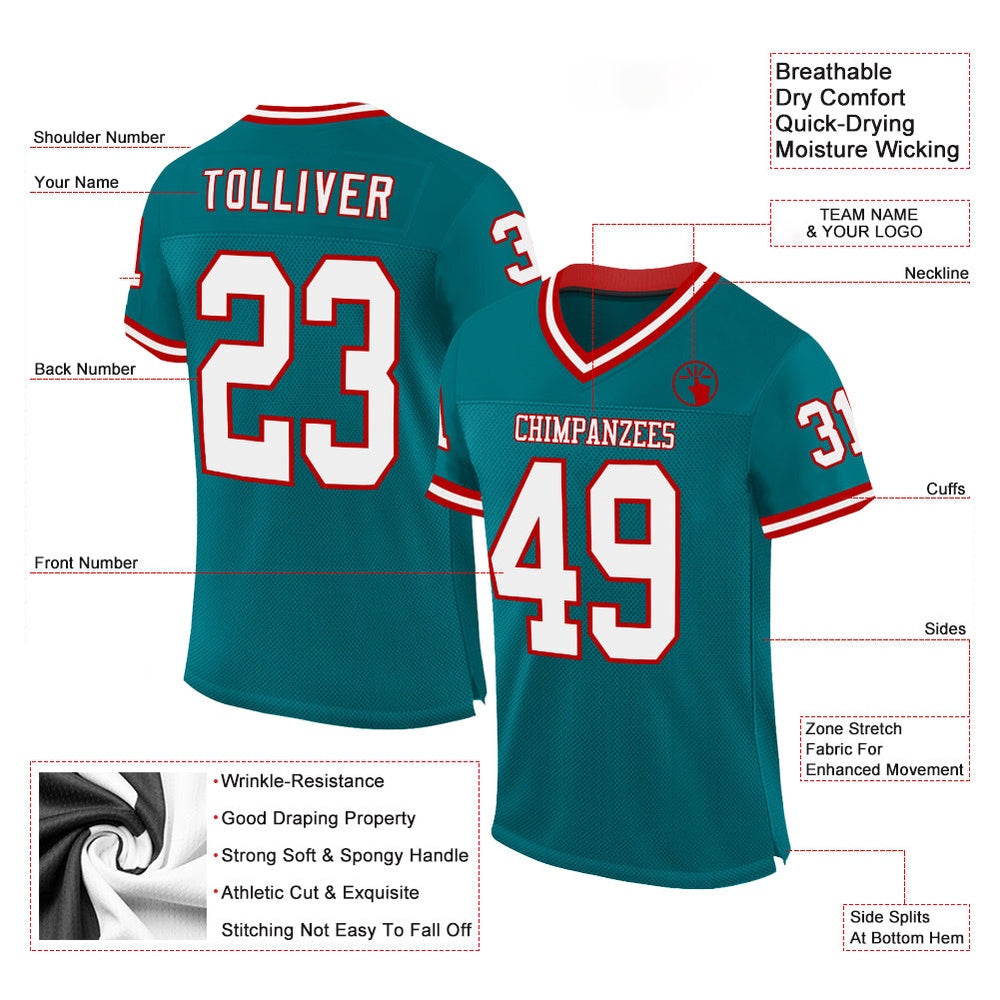 Custom Teal White Red Mesh Authentic Throwback Football Jersey, Team Jerseys Football, Custom Football Jersey