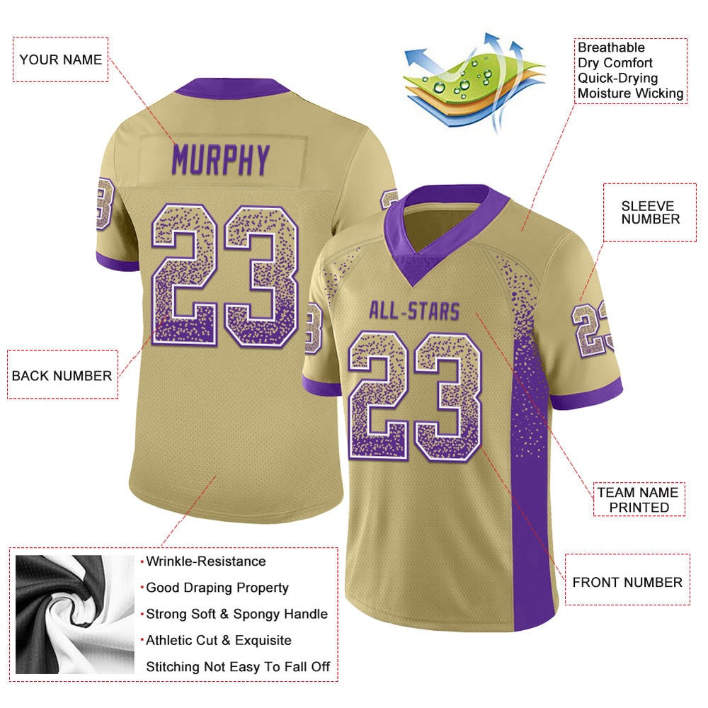 Custom Vegas Gold Purple White Mesh Drift Fashion Football Jersey, Team Jerseys Football, Custom Football Jersey