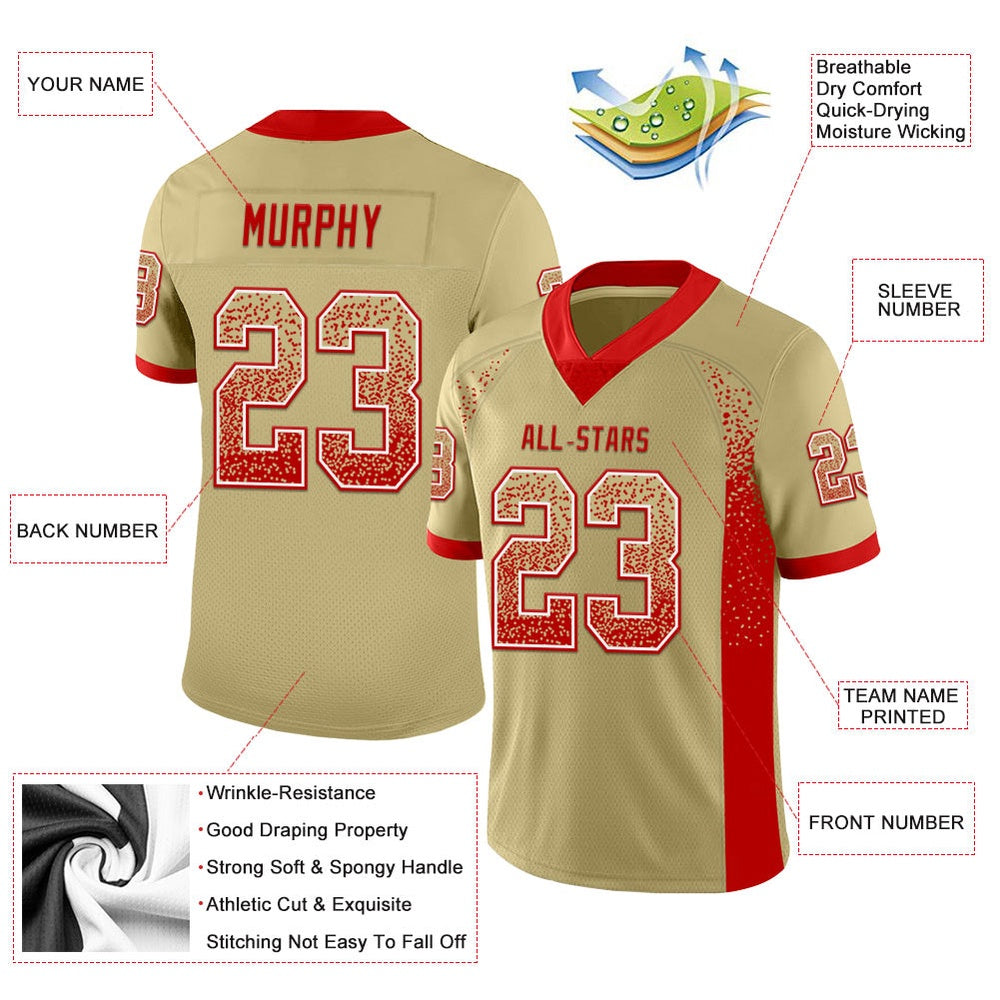 Custom Vegas Gold Red White Mesh Drift Fashion Football Jersey, Team Jerseys Football, Custom Football Jersey
