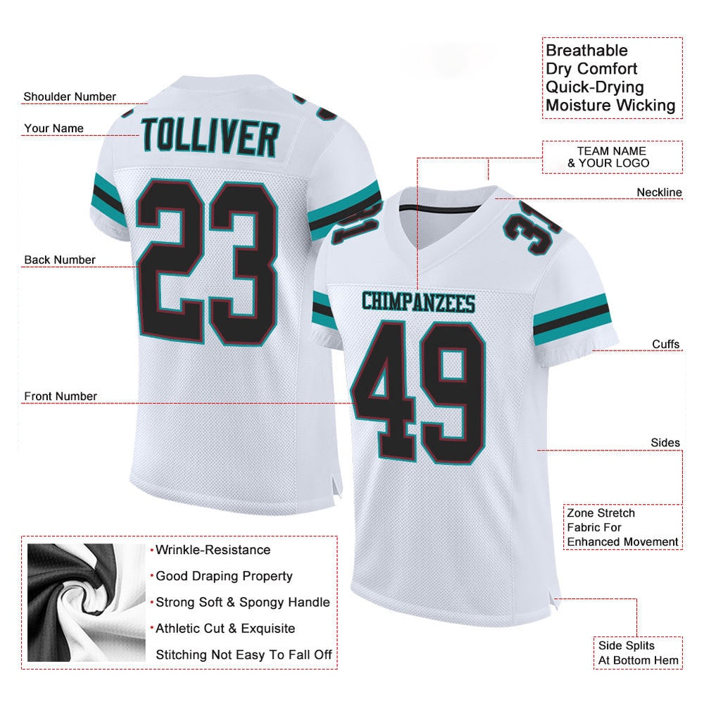 Custom White Black Aqua Mesh Authentic Football Jersey, Team Jerseys Football, Custom Football Jersey