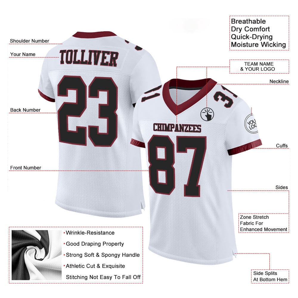Custom White Black Burgundy Mesh Authentic Football Jersey, Team Jerseys Football, Custom Football Jersey