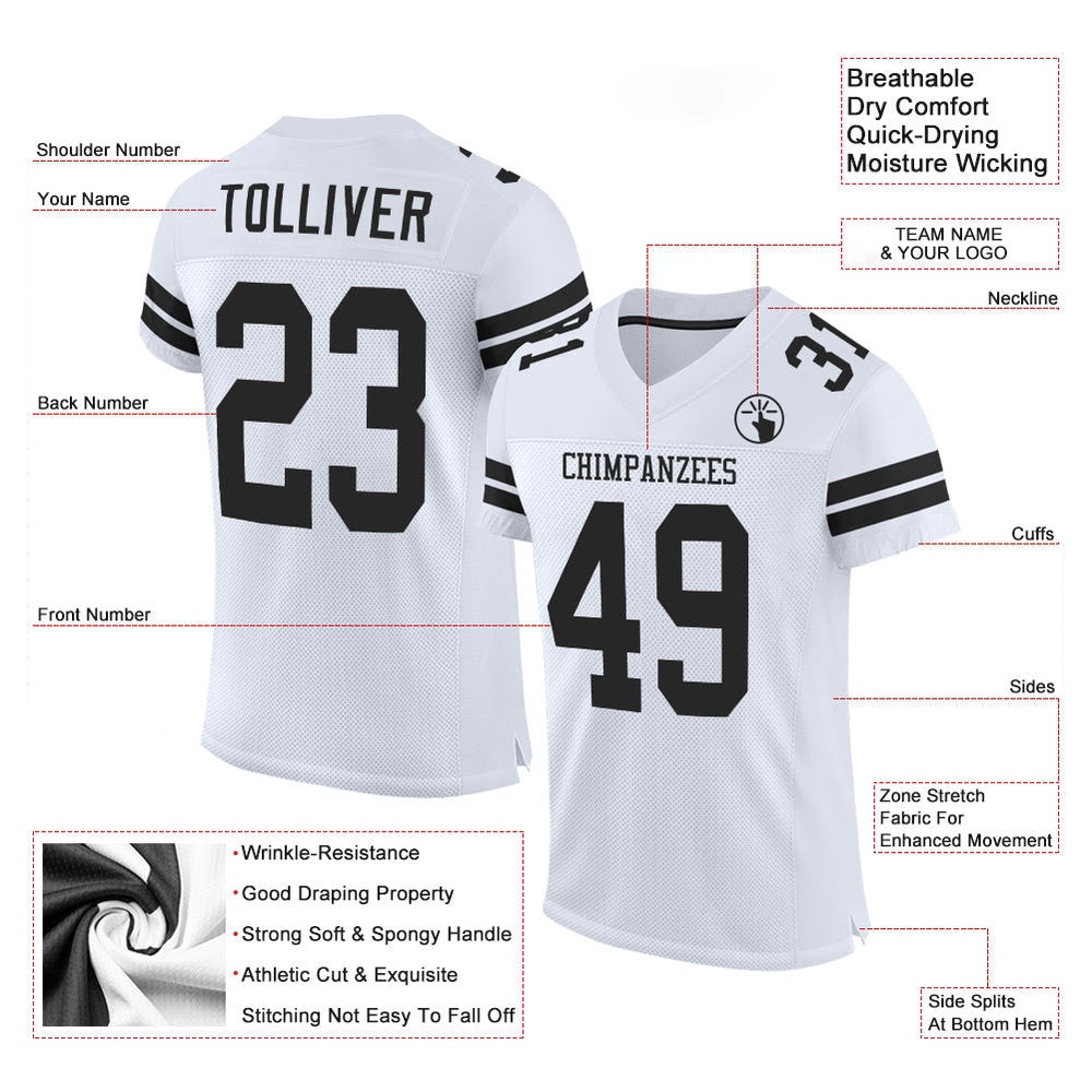 Custom White Black Mesh Authentic Football Jersey, Team Jerseys Football, Custom Football Jersey