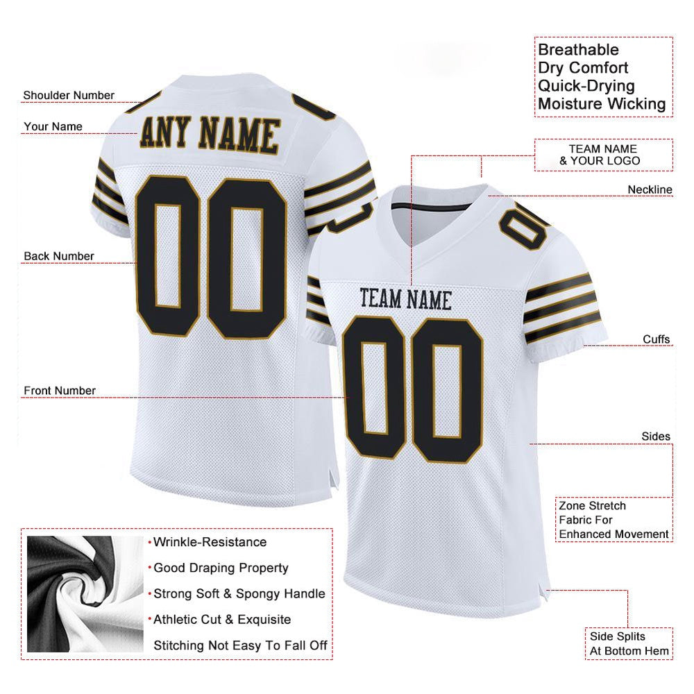 Custom White Black Old Gold Mesh Authentic Football Jersey, Team Jerseys Football, Custom Football Jersey