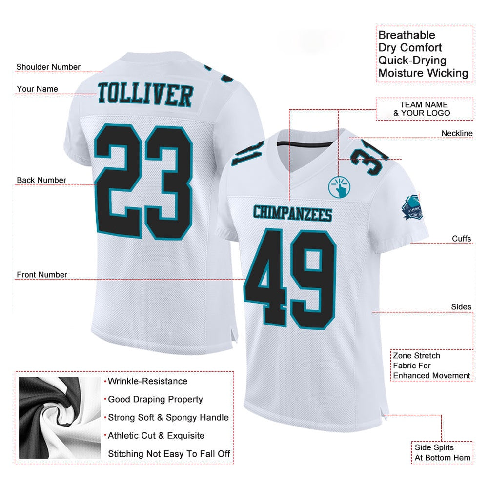 Custom White Black Teal Mesh Authentic Football Jersey, Team Jerseys Football, Custom Football Jersey