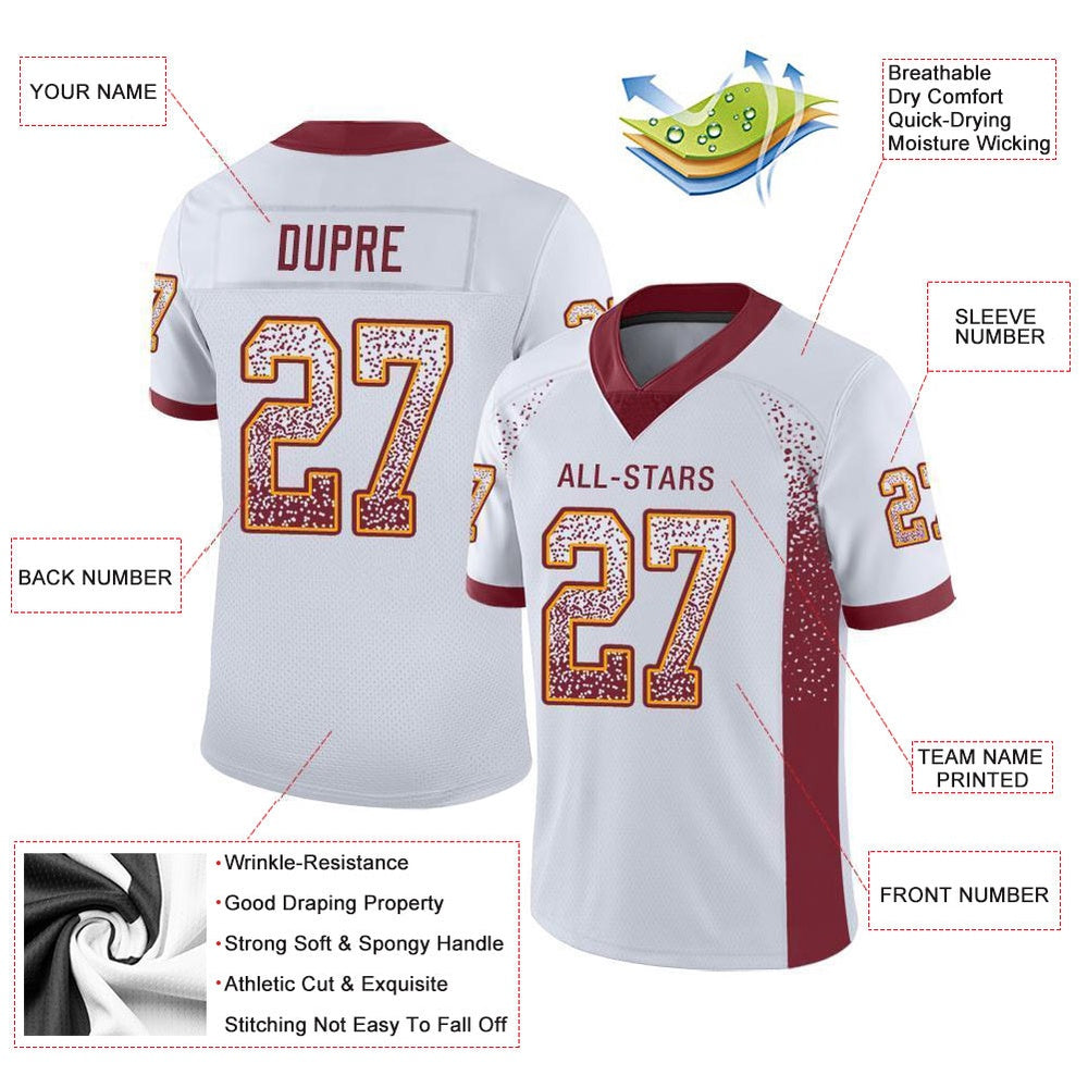 Custom White Burgundy Gold Mesh Drift Fashion Football Jersey, Team Jerseys Football, Custom Football Jersey