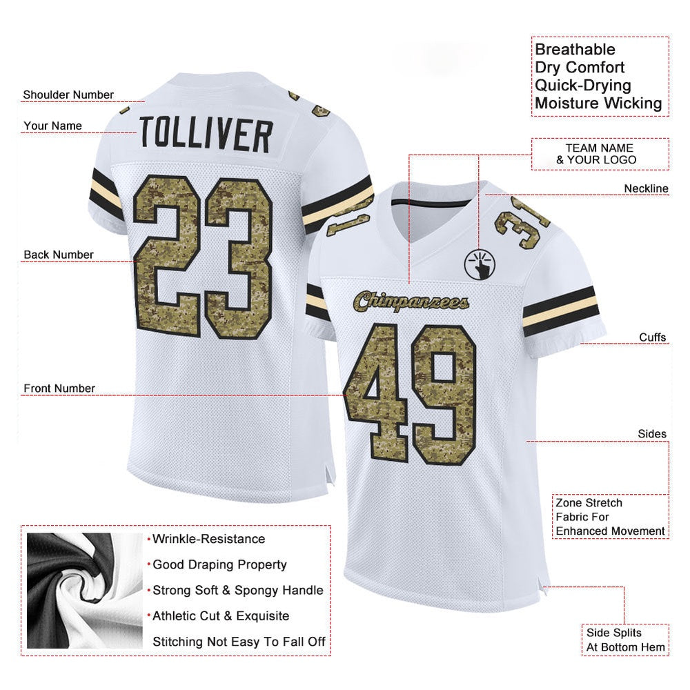 Custom White Camo Black Mesh Authentic Football Jersey, Team Jerseys Football, Custom Football Jersey