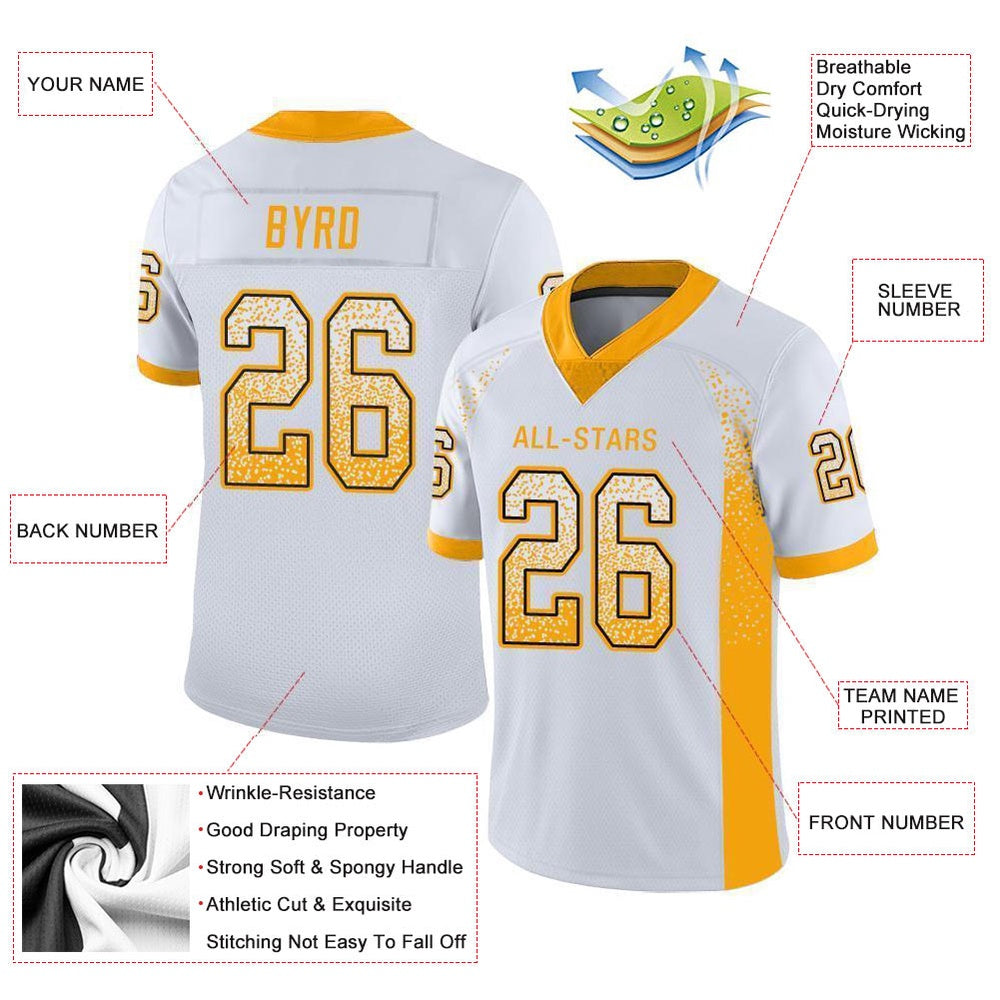 Custom White Gold Black Mesh Drift Fashion Football Jersey, Team Jerseys Football, Custom Football Jersey