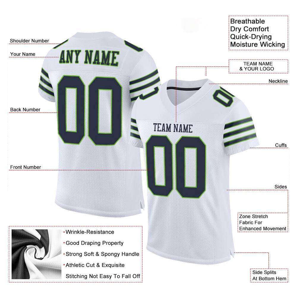 Custom White Navy Neon Green Mesh Authentic Football Jersey, Team Jerseys Football, Custom Football Jersey
