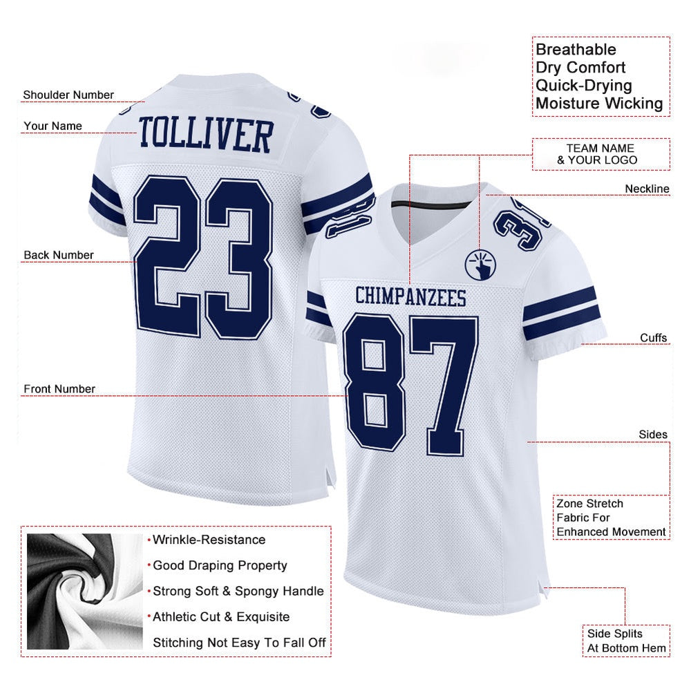 Custom White Navy White Mesh Authentic Football Jersey, Team Jerseys Football, Custom Football Jersey