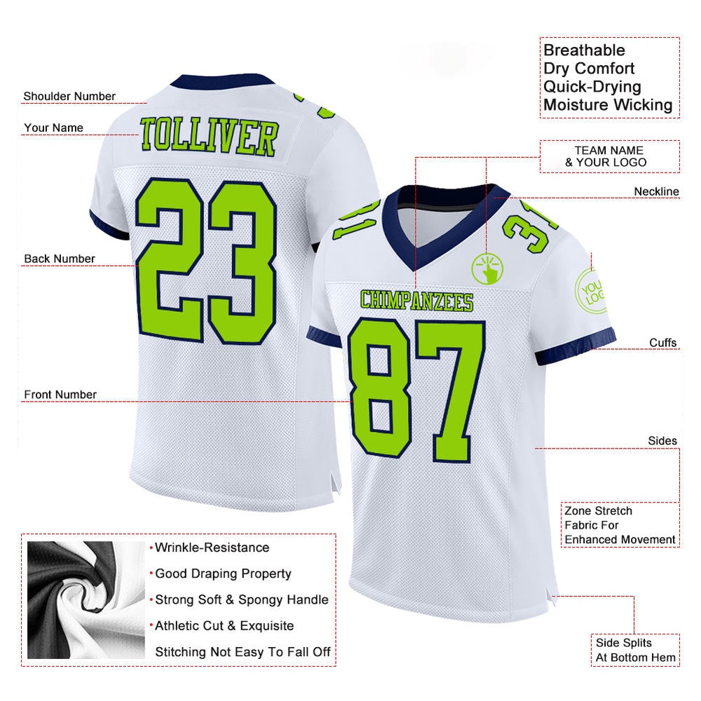 Custom White Neon Green Navy Mesh Authentic Football Jersey, Team Jerseys Football, Custom Football Jersey